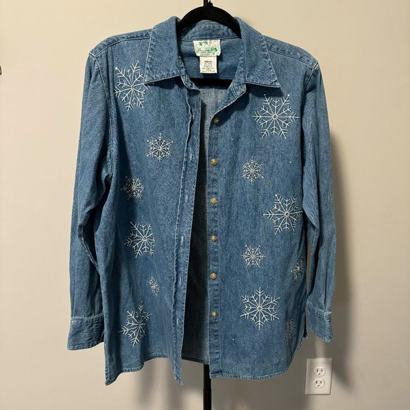 Vintage Quacker Factory Rhinestone Snowflake Denim Button Down - Size Medium‎ - Picture 1 of 10